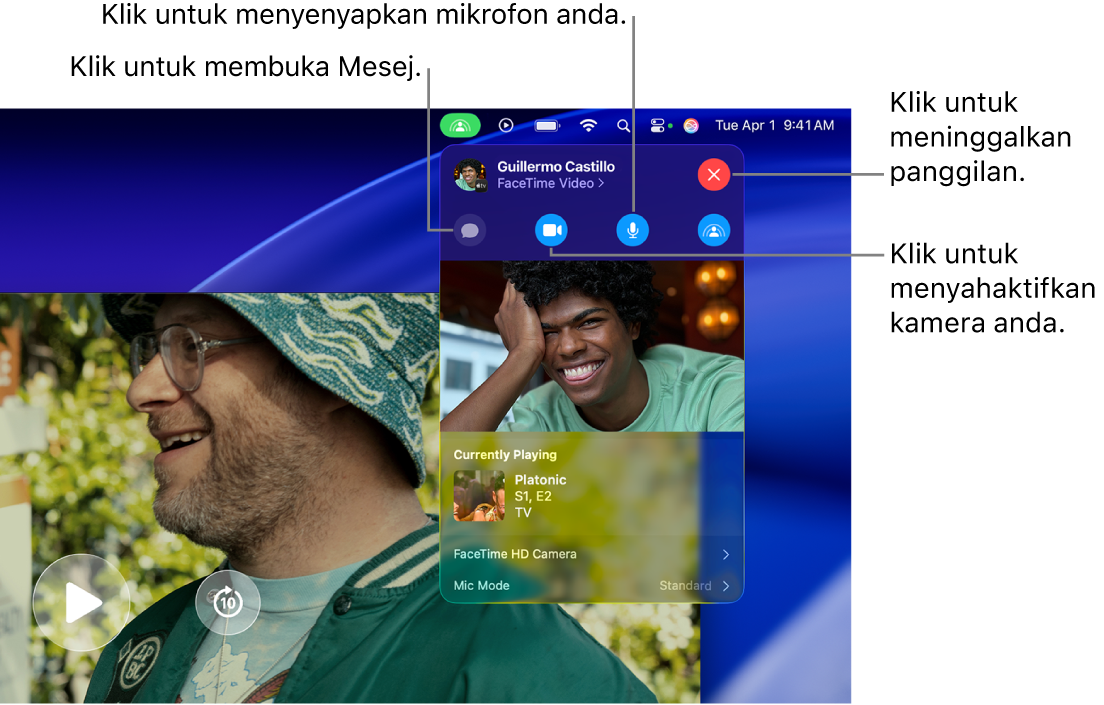 Kawalan SharePlay yang ditunjukkan dalam bar Menu termasuk butang untuk membuka app Mesej, menyenyapkan mikrofon anda, menyahaktifkan kamera anda dan meninggalkan panggilan.