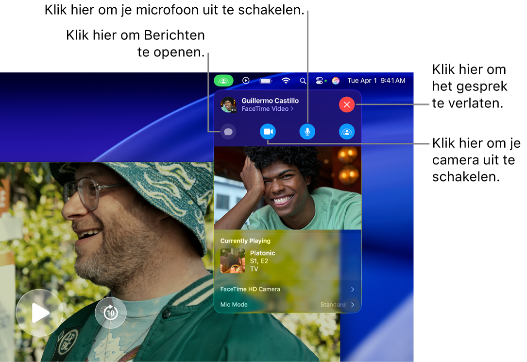 SharePlay-regelaars in de menubalk waaronder knoppen voor het openen van de Berichten-app, het stilhouden van de microfoon, het uitschakelen van de camera en het verlaten van het gesprek.