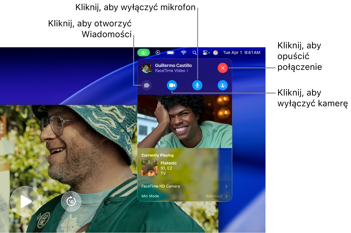 Narzędzia SharePlay na pasku menu, zawierające przycisk otwierający aplikację Wiadomości, przycisk wyciszający mikrofon, przycisk wyłączający kamerę oraz przycisk umożliwiający opuszczenie połączenia.
