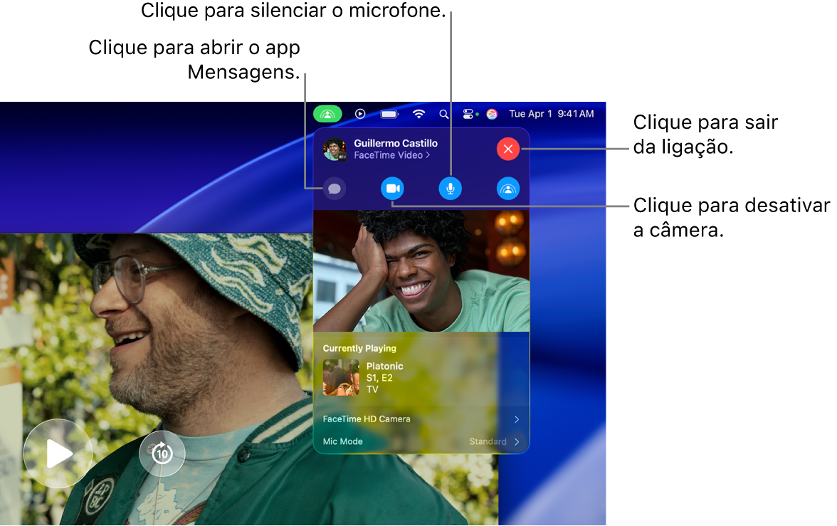 Os controles do SharePlay mostrados na Barra de menus incluem botões para abrir o app Mensagens, silenciar o microfone, desativar a câmera e sair da ligação.