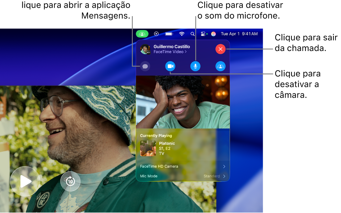 Controlos do SharePlay mostrados na barra de menus, incluindo botões para abrir a aplicação Mensagens, tirar o som ao microfone, desativar a câmara e sair da chamada.