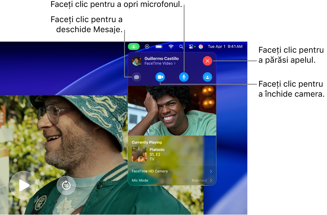 Comenzile SharePlay afișate în bara Meniu, inclusiv butoanele pentru deschiderea aplicației Mesaje, tăierea microfonului, oprirea camerei și părăsirea apelului.