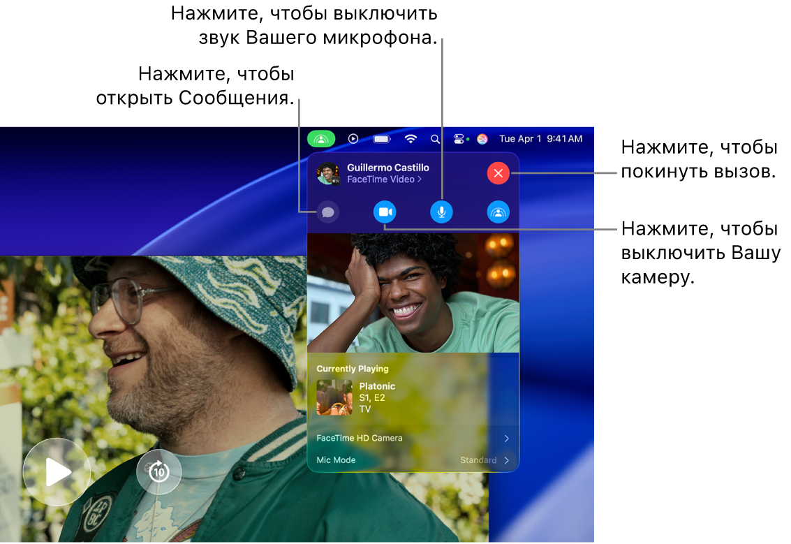 Показаны элементы управления SharePlay в строке меню, включая кнопки для открытия приложения «Сообщения», выключения микрофона, выключения камеры и выхода из вызова.