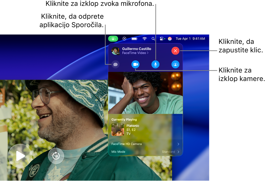 Krmilne funkcije SharePlay, prikazane v menijski vrstici, vključno z gumbi za odpiranje aplikacije Sporočila, izklop zvoka mikrofona, izklop kamere in zapuščanje klica.