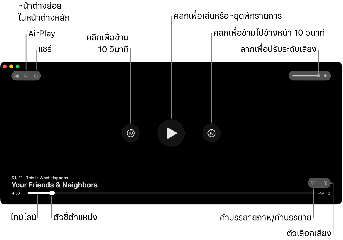 ตัวควบคุมการเล่นในหน้าต่างแสดงซึ่งรวมถึงปุ่มต่างๆ สำหรับเล่นหรือหยุดพัก ข้ามไปข้างหน้าหรือข้ามไปข้างหลัง และปรับระดับเสียง