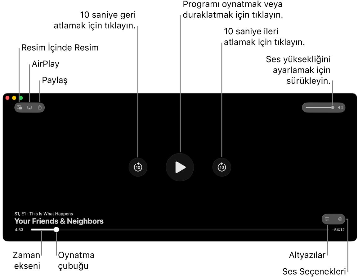 Oynatma veya duraklatma, ileri veya geri atlama ve ses yüksekliğini ayarlama düğmeleri ile birlikte görüntüleyicideki oynatma denetimleri.