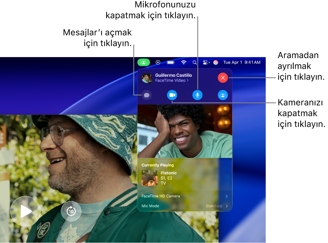 Mesajlar uygulamasını açma, mikrofonunuzun sesini kapatma, kameranızı kapatma ve aramadan ayrılma düğmeleri de dahil olmak üzere menü çubuğunda gösterilen SharePlay denetimleri.