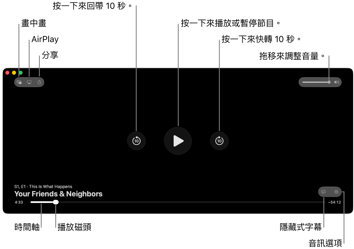 檢視器中的播放控制項目,包括播放或暫停、快轉或回帶以及調整音量的按鈕。