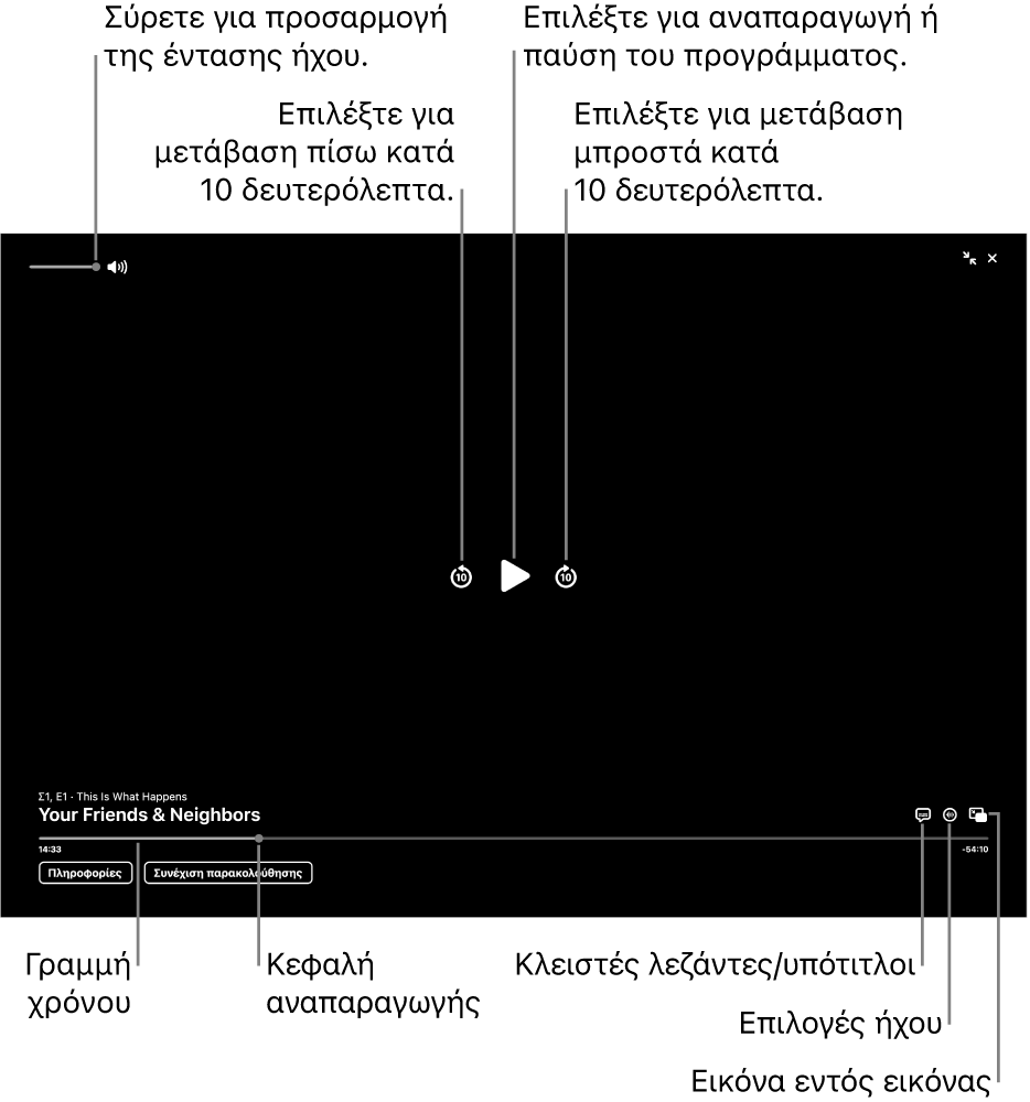 Στοιχεία ελέγχου αναπαραγωγής στο παράθυρο προβολής, με κουμπιά για αναπαραγωγή ή παύση, μετάβαση μπροστά ή πίσω και προσαρμογή της έντασης ήχου.