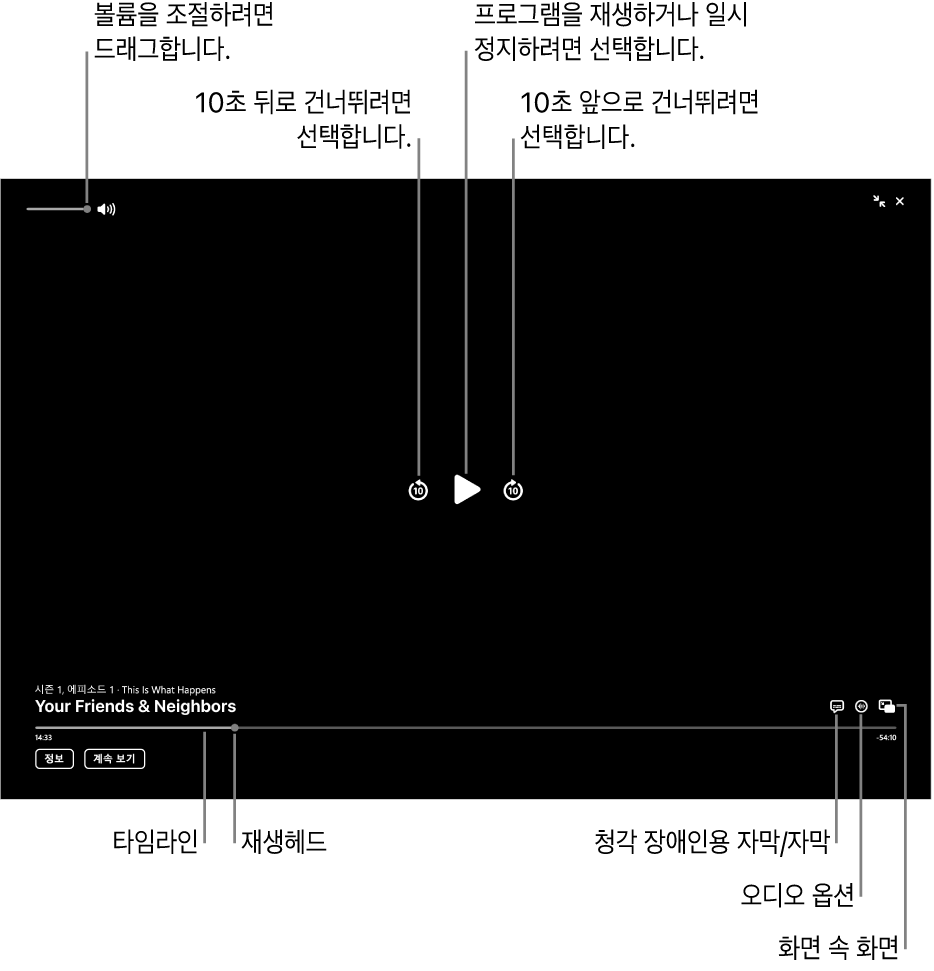 재생 또는 일시 정지, 앞으로 또는 뒤로 건너뛰기 및 볼륨 조절 버튼이 포함된 뷰어의 재생 제어기.