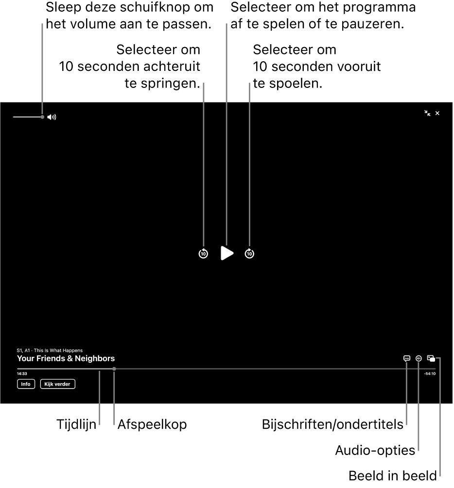 Afspeelregelaars in het weergavevenster, waaronder knoppen om af te spelen of te pauzeren, vooruit of achteruit te springen en het volume aan te passen.