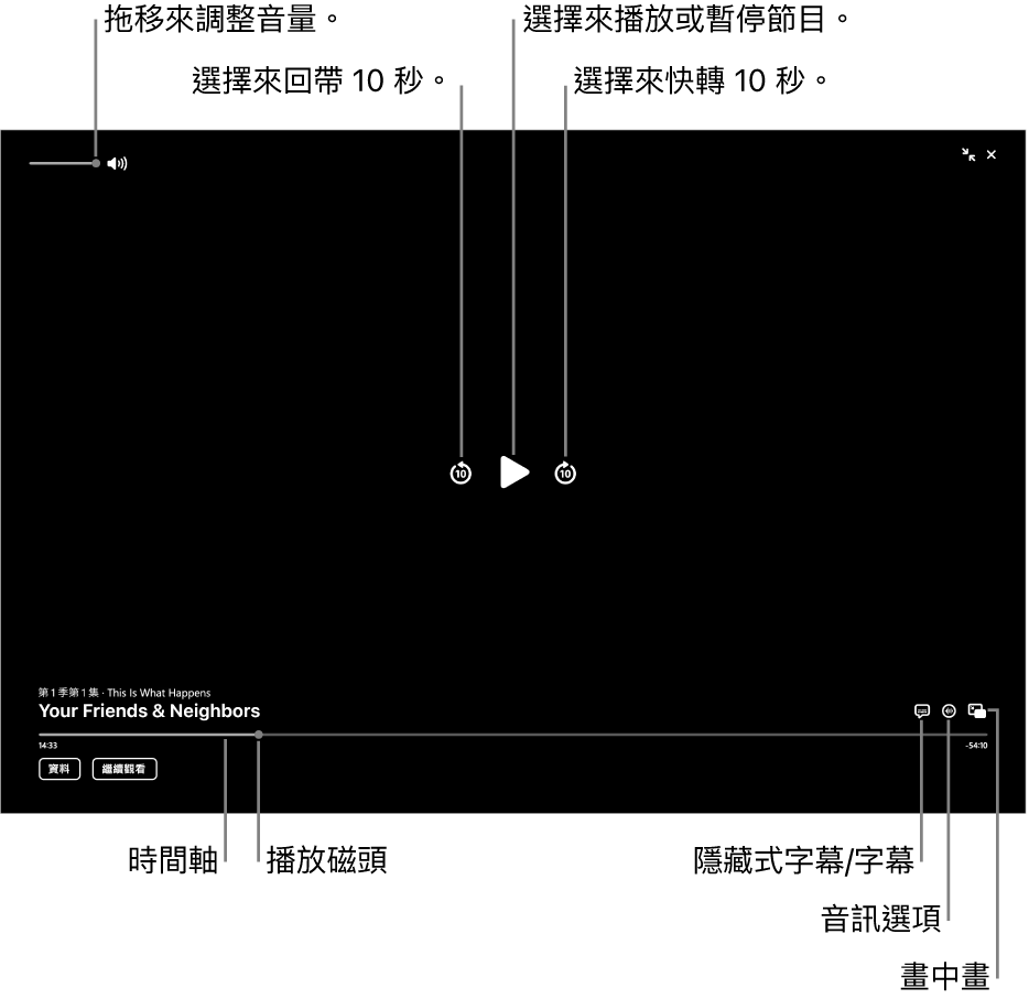 檢視器中的播放控制項目,包括播放或暫停、快轉或回帶以及調整音量的按鈕。