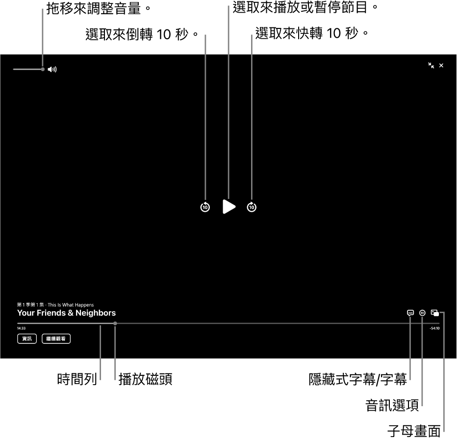 檢視器中的播放控制項目，包含播放或暫停、跳到下一段或上一段和調整音量的按鈕。