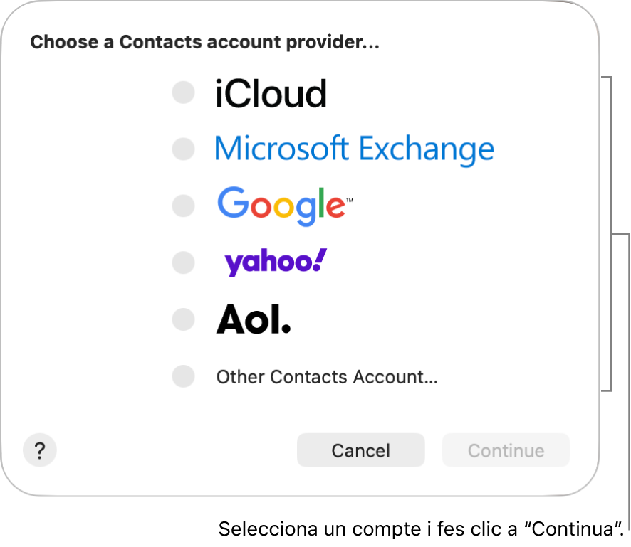 Llista de tipus de comptes d’internet que pots afegir a l’app Contactes: iCloud, Exchange, Google, Yahoo, AOL i “Un altre compte Contactes…”.