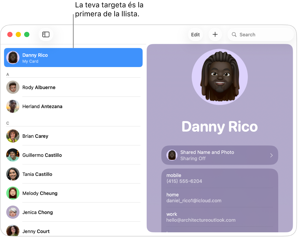 Barra lateral de l’app Contactes que mostra “La meva targeta” a la part superior.