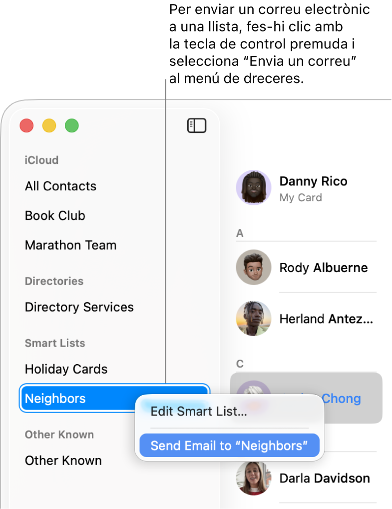 Barra lateral de l’app Contactes que mostra un menú desplegable amb l’ordre per enviar un correu electrònic a la llista seleccionada.