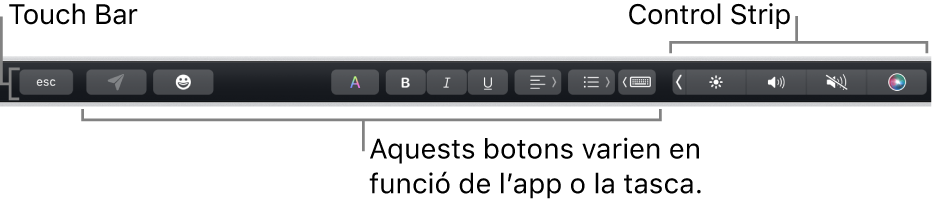La Touch Bar, situada a la part superior del teclat, que mostra la Control Strip contreta, a la dreta, i botons que varien segons l'app o la tasca.