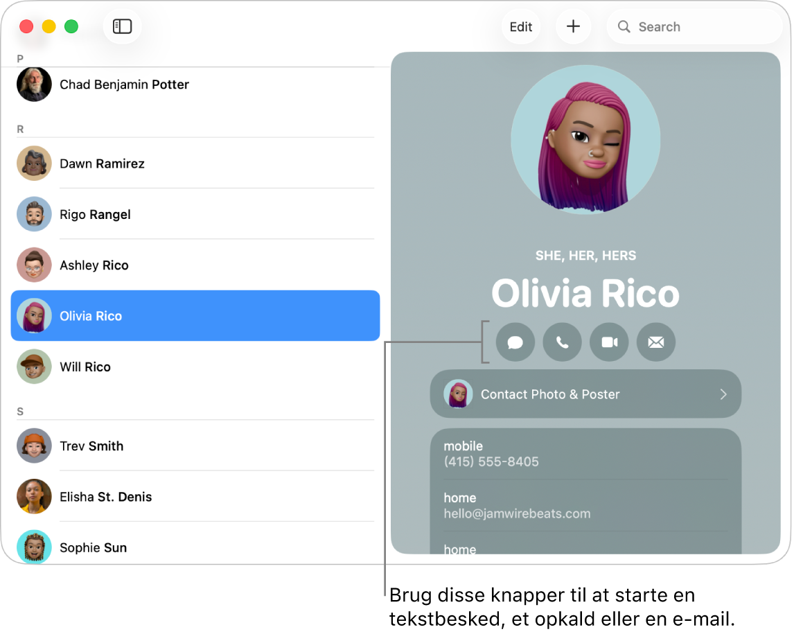 Et kontaktkort, der viser knapperne under kontaktens navn. Du kan bruge disse knapper til at starte en tekstbesked, et telefon-, lyd- eller videoopkald eller en e-mail.