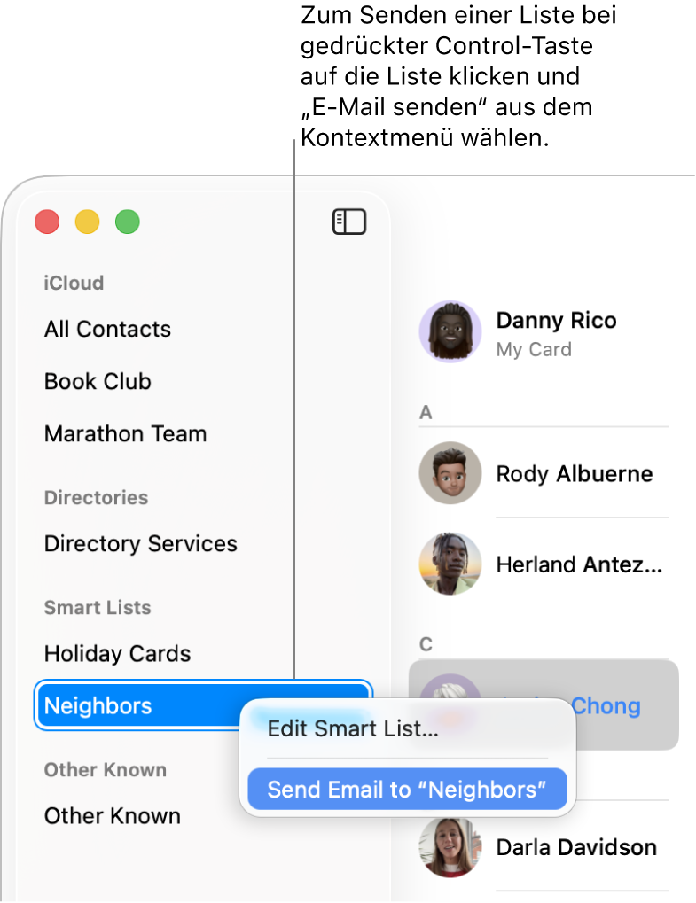 Die Seitenleiste der App „Kontakte“ mit einem Einblendmenü mit der Option zum Senden einer E-Mail an die ausgewählte Liste.