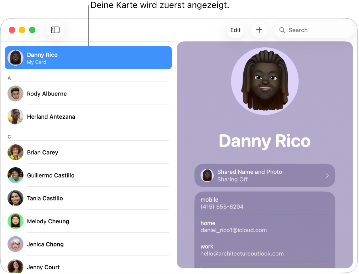 Die Seitenleiste der App „Kontakte“ mit „Meine Karte“ ganz oben.