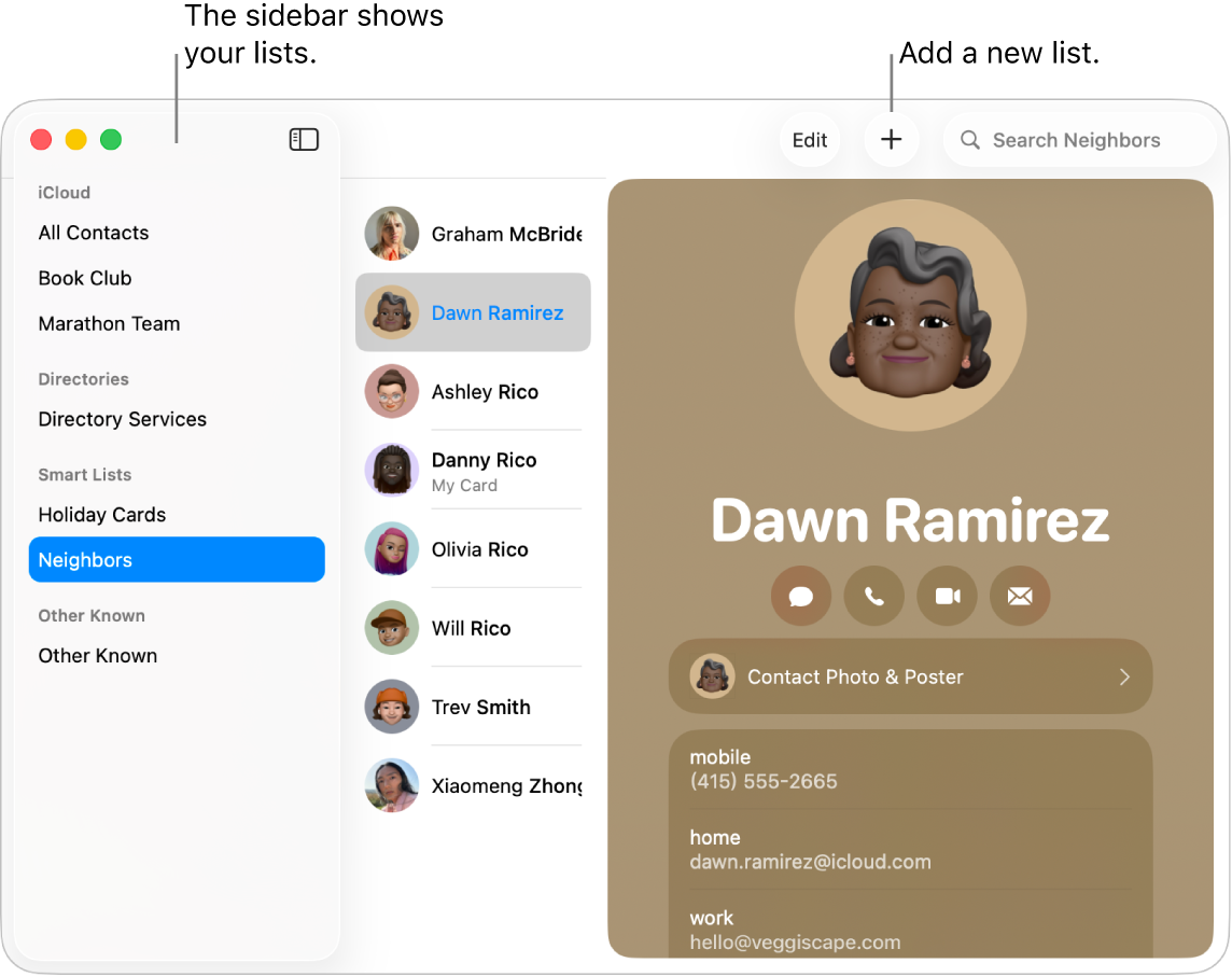 The Contacts window showing the sidebar with lists, such as a Book Club list, and a button at the top of a contact card for adding a new list.