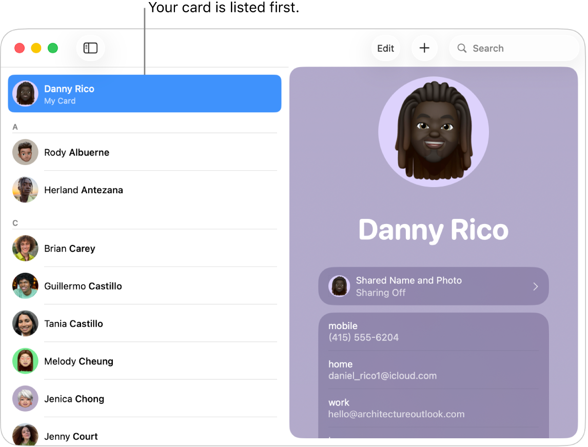 The Contacts sidebar showing the My Card listed at the top.