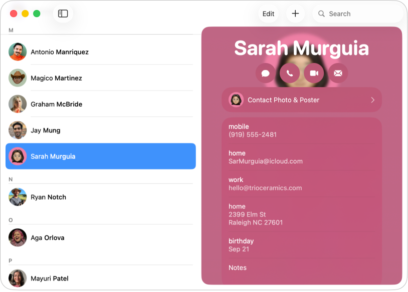 The Contacts window showing a contact with an address.