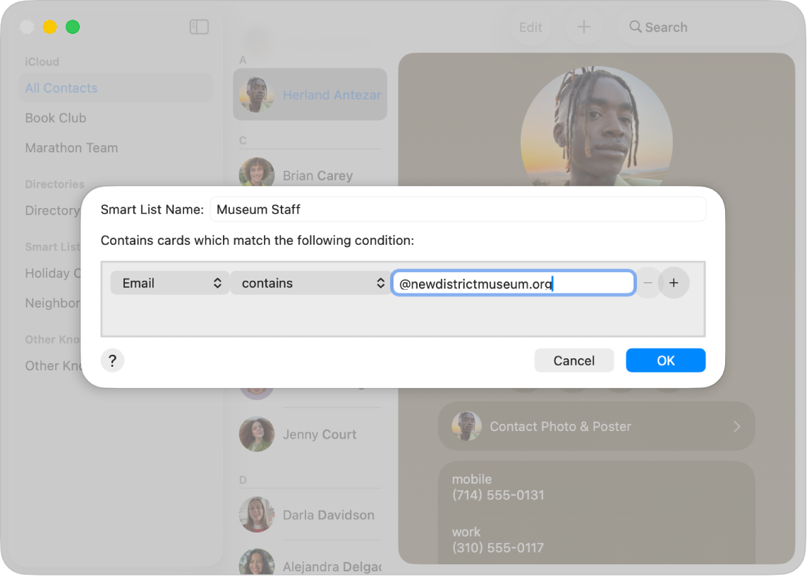 The dialog for adding a Smart List, with three pop-up menus for adding criteria.