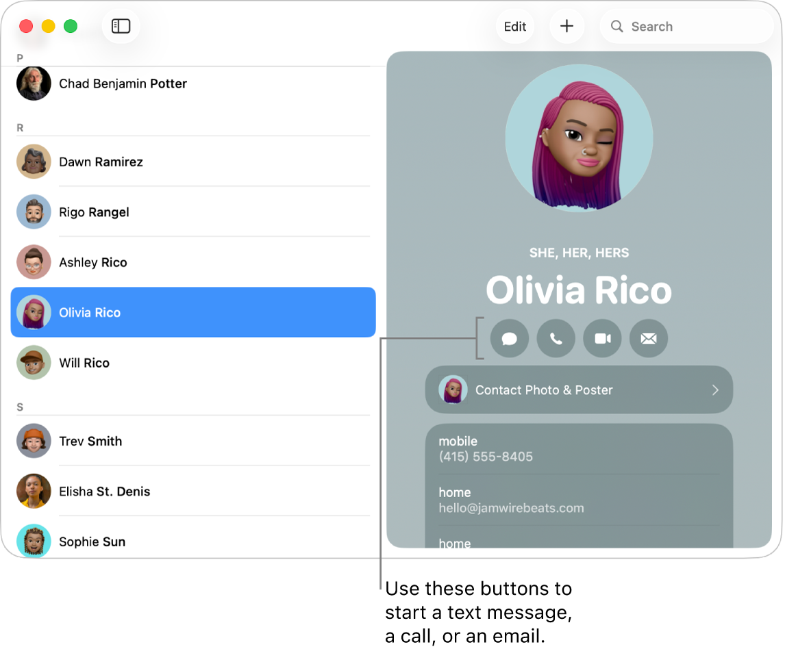 A contact card showing the buttons located below the contact’s name. You can use these buttons to start a text message; a phone call; an audio or video call; or an email.