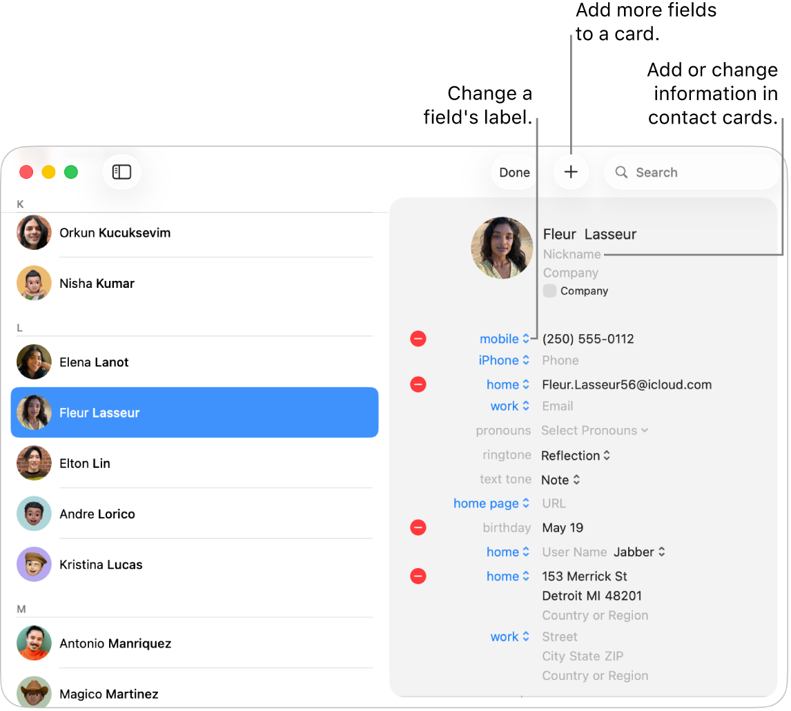 A contact card in edit mode. Click a label to change a field’s label. Click the Add button to add more fields to a card. Click a field to add or change information.