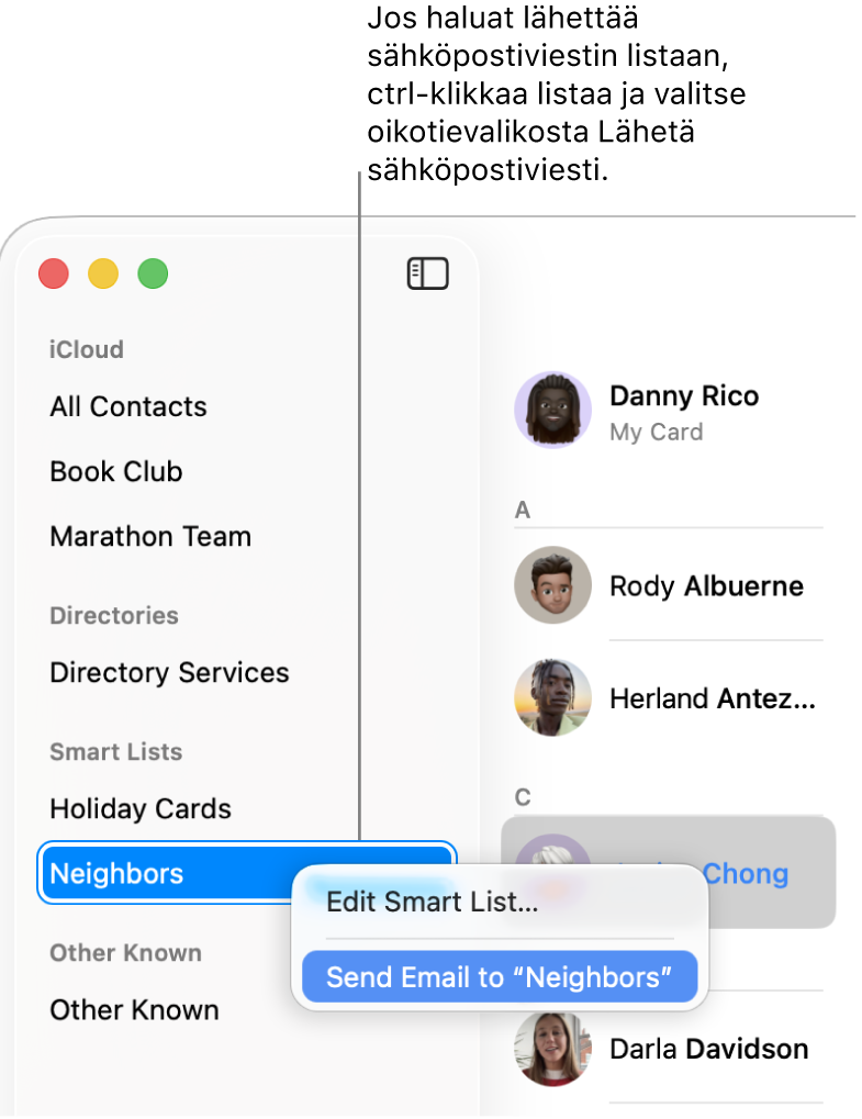 Yhteystiedot-sivupalkki, jossa näkyy ponnahdusvalikko ja siinä valittuna komento sähköpostin lähettämiseen listalle.