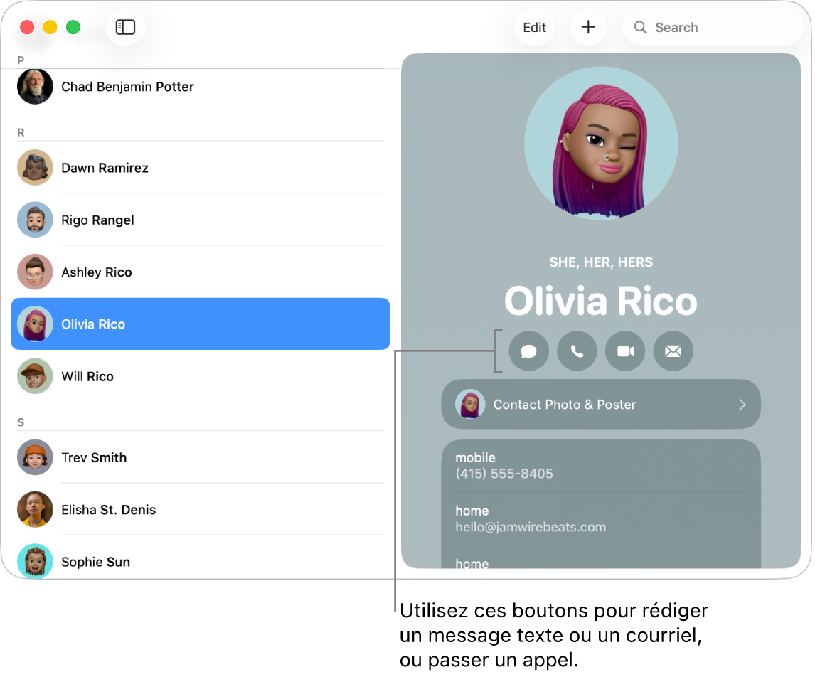 Une fiche de contact affichant les boutons situés sous le nom du contact. Vous pouvez utiliser ces boutons pour commencer un message texte; un appel téléphonique, un appel audio ou vidéo; ou un courriel.