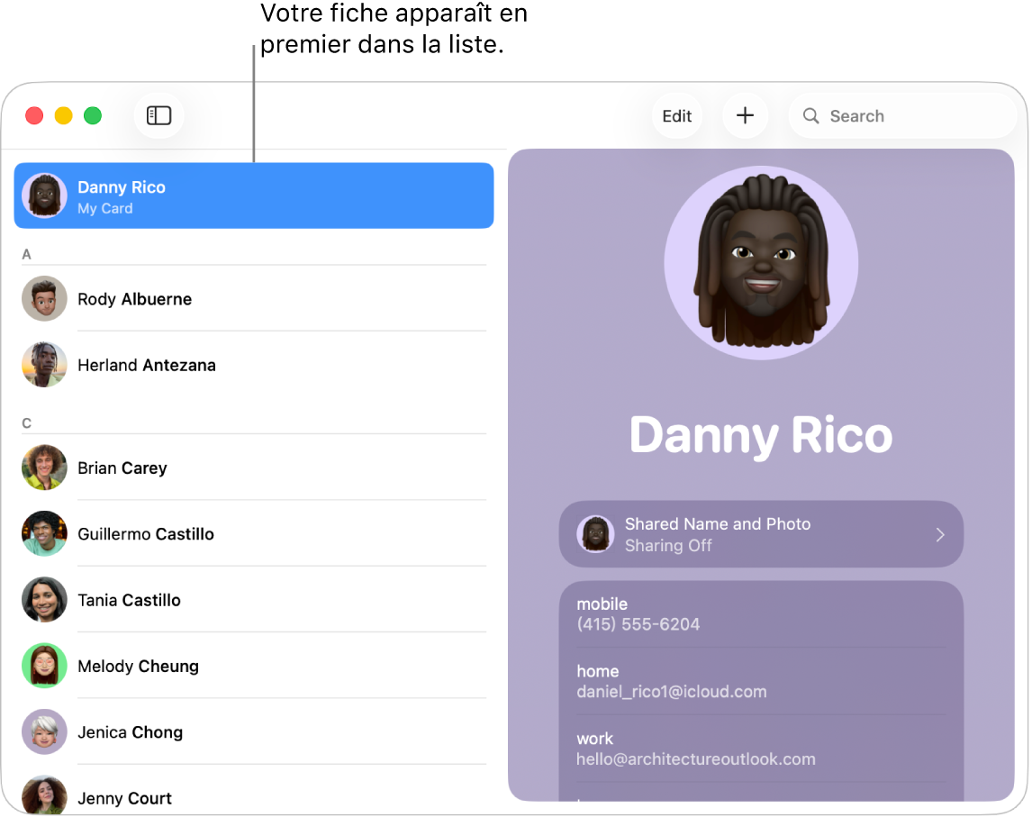 La barre latérale de Contacts affichant Ma fiche en haut de la liste.