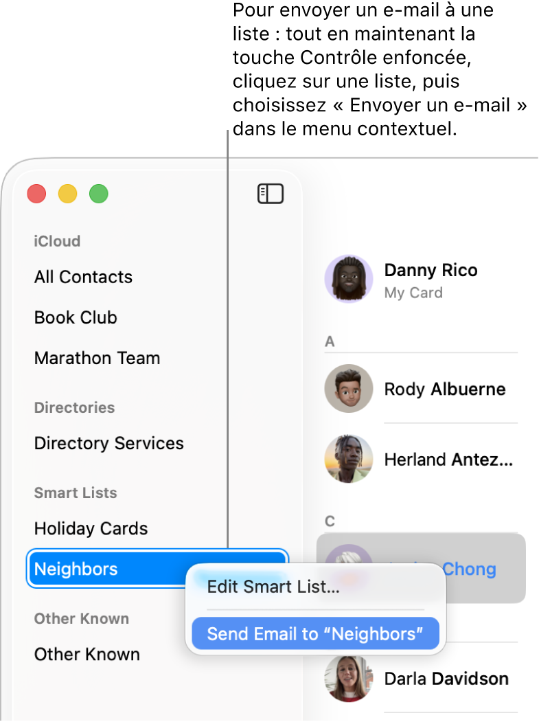 La barre latérale de Contacts affichant un menu local avec la commande permettant d’envoyer un e-mail à la liste sélectionnée.