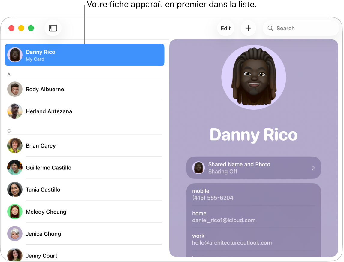 La barre latérale de Contacts avec la fiche « Ma fiche » en haut de la liste.