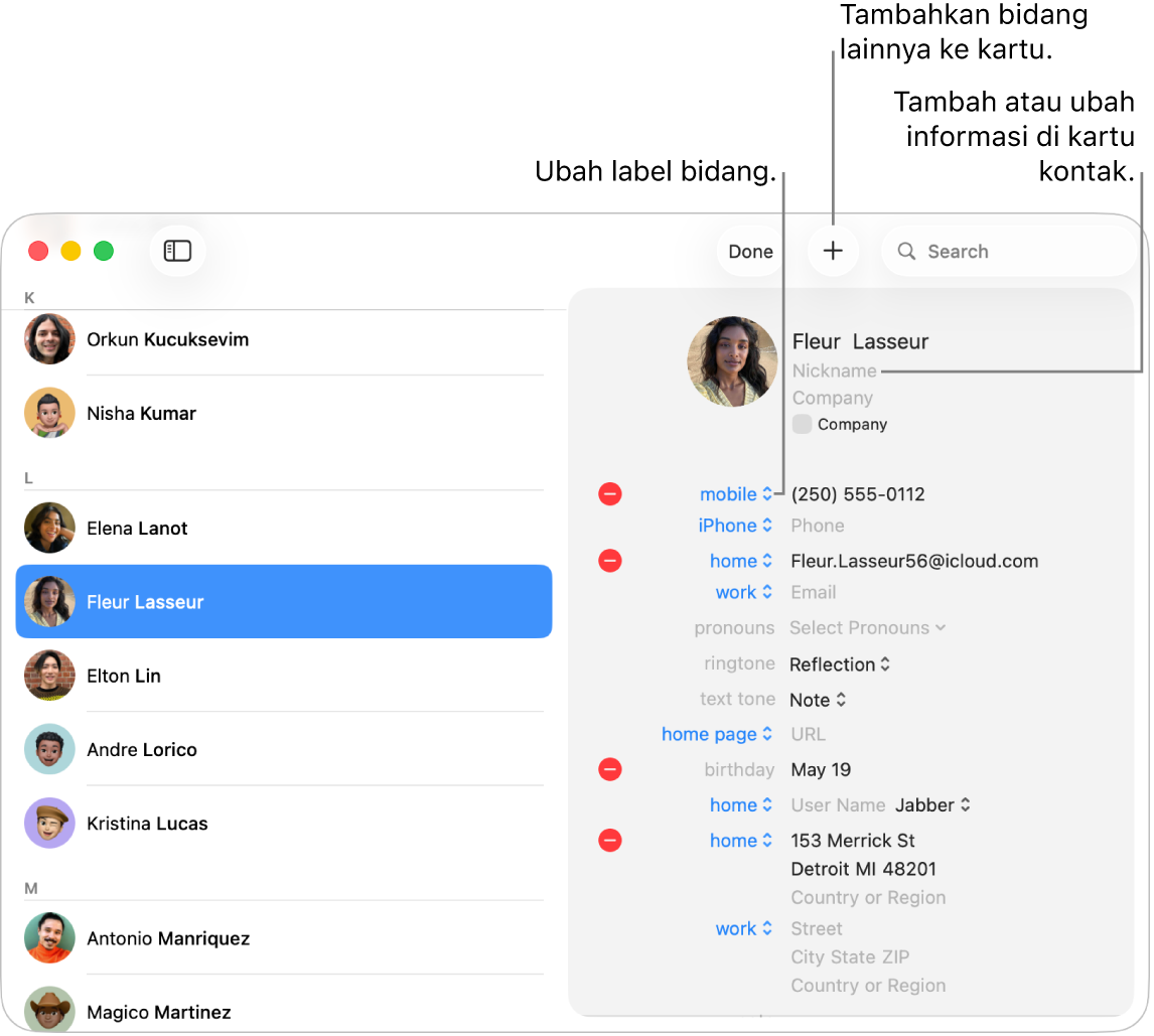 Kartu kontak dalam mode edit. Klik label untuk mengubah label bidang. Klik tombol Tambah untuk menambahkan lebih banyak bidang ke kartu. Klik bidang untuk menambahkan atau mengubah informasi.