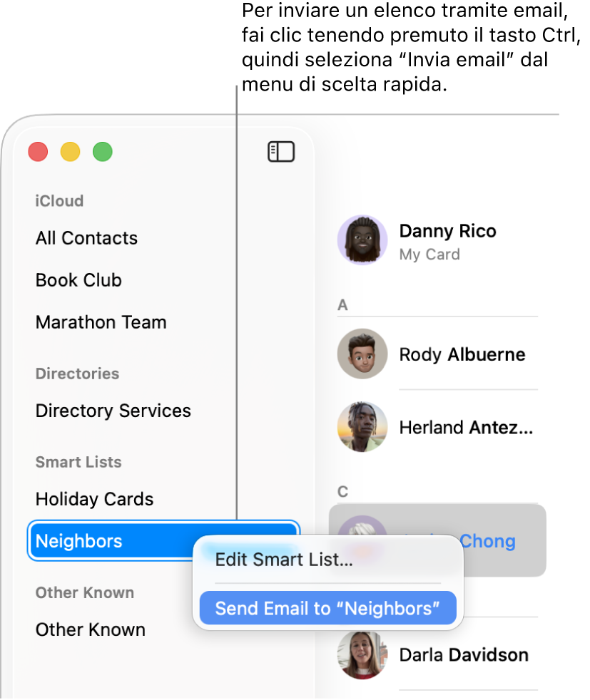 La barra laterale di Contatti che mostra un menu a comparsa con il comando per l’invio di email all’elenco selezionato.