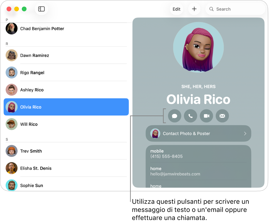 Una scheda contatto in cui sono mostrati i pulsanti posizionati sotto il nome del contatto. Puoi usarli per iniziare a scrivere un messaggio di testo, o un’email oppure per effettuare una chiamata audio o video.