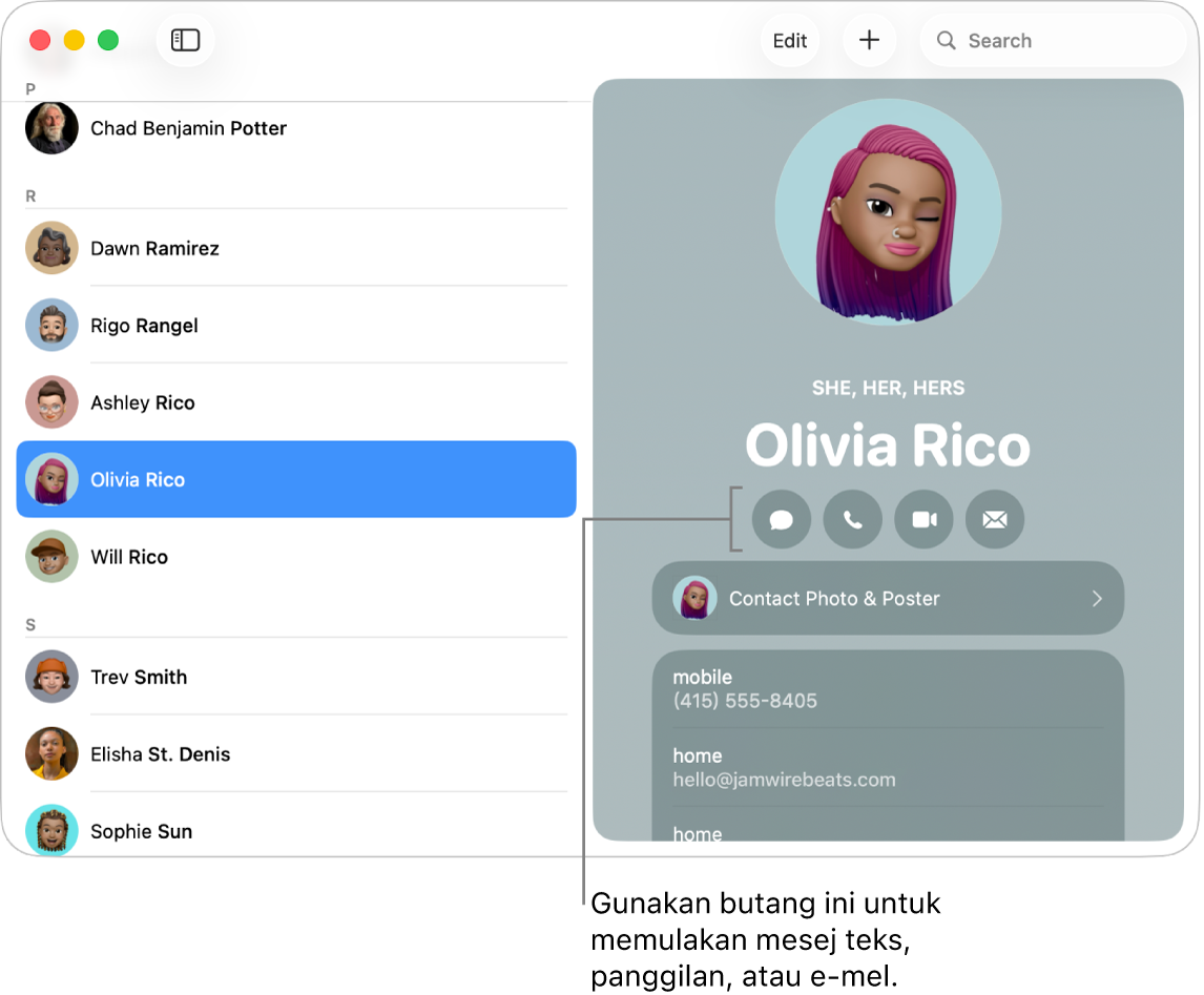 Kad kenalan menunjukkan butang terletak di bawah nama kenalan. Anda boleh menggunakan butang ini untuk memulakan mesej teks; panggilan telefon; panggilan audio atau video; atau e‑mel.