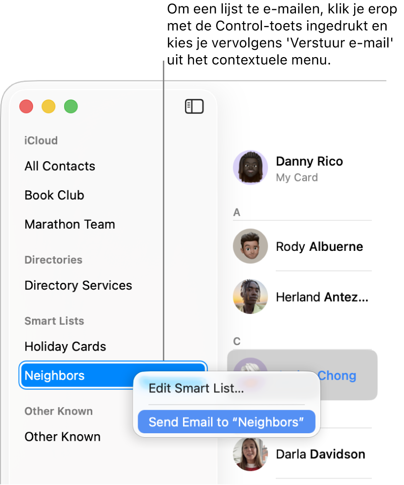 De navigatiekolom van Contacten met een pop‑upmenu waarin het commando is geselecteerd om een e‑mail naar de lijst te versturen.