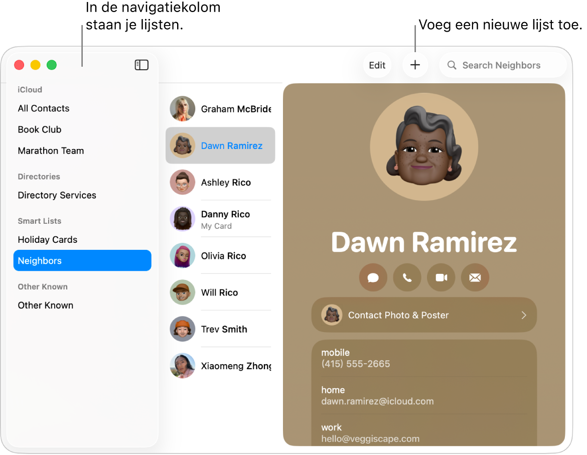 Het Contacten-venster met de navigatiekolom, met daarin lijsten zoals de boekenclub, en een knop boven in een contactpersoonkaart voor het toevoegen van een nieuwe lijst.