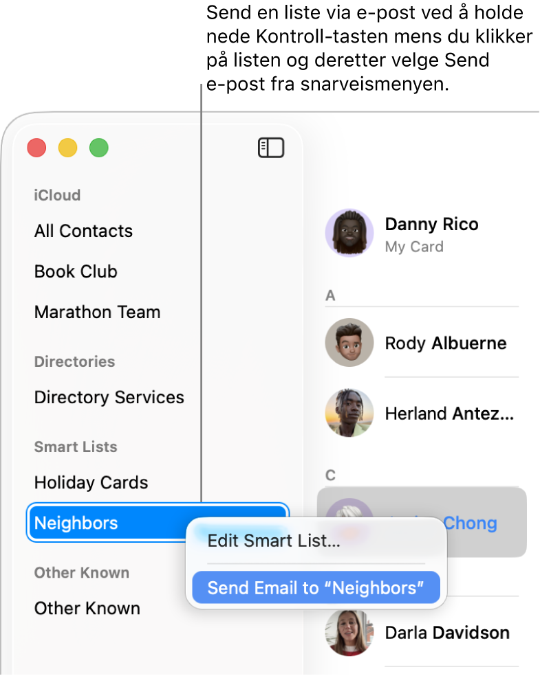 Kontakter-sidepanelet med en lokalmeny der kommandoen for å sende e-post til listen er markert.