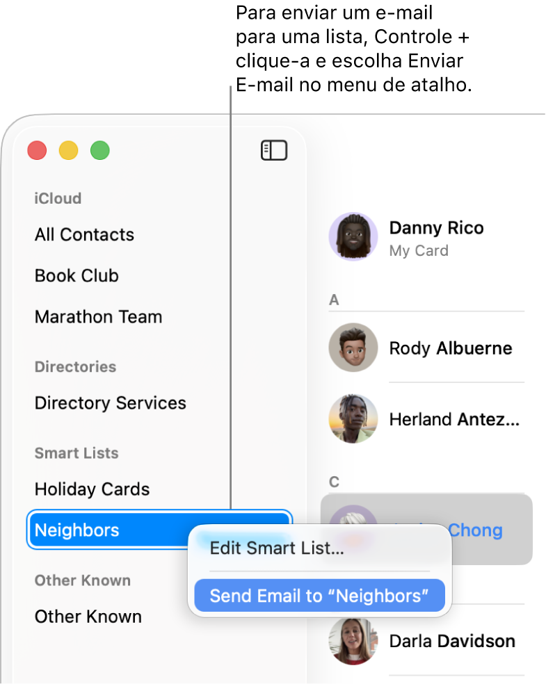 Barra lateral do app Contatos mostrando um menu pop-up com o comando para enviar um e‑mail para a lista selecionada.