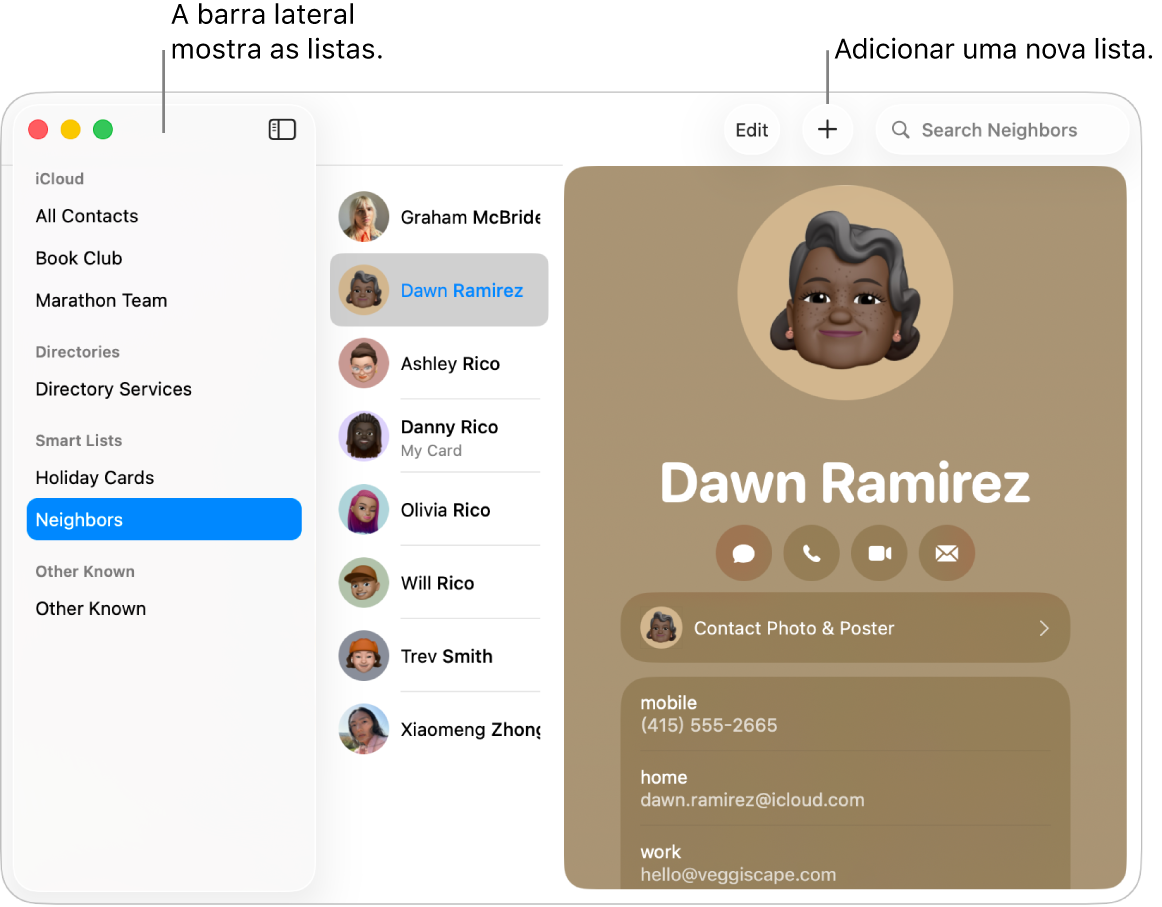 A janela da aplicação Contactos a mostrar a barra lateral com listas, como Lista de ciclismo, e o botão no fundo de uma ficha de contacto para adicionar uma nova lista.