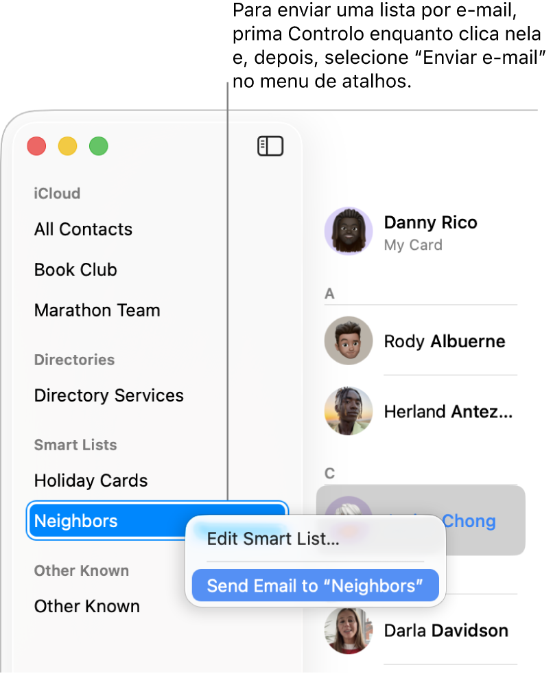 A barra lateral da aplicação Contactos a mostrar o menu pop-up com o comando para enviar um e-mail para a lista selecionada.