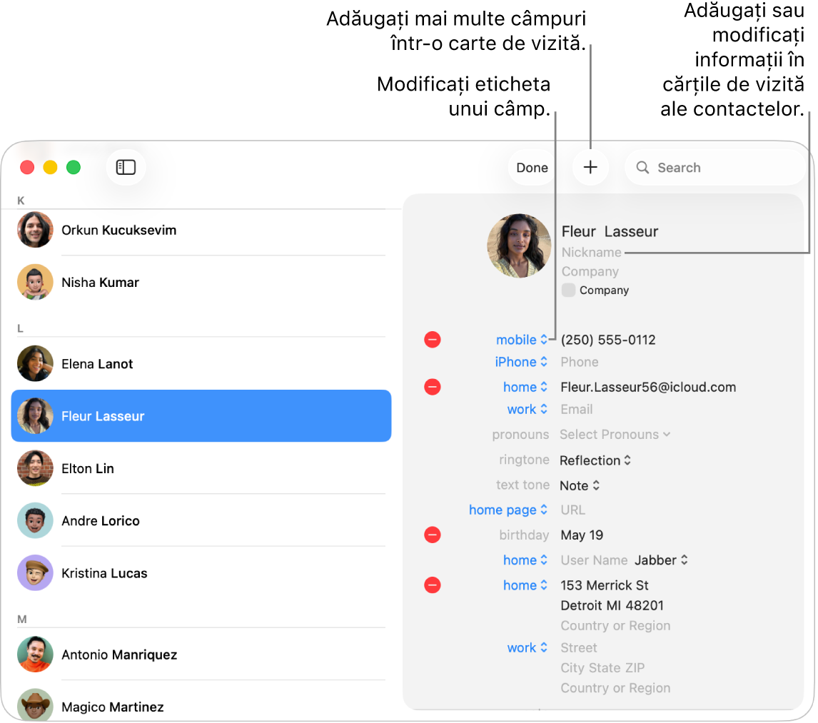 O fișă de contact în modul de editare. Faceți clic pe o etichetă pentru a modifica eticheta unui câmp. Faceți clic pe butonul Adăugați pentru a adăuga mai multe câmpuri la o fișă. Faceți clic pe un câmp pentru a adăuga sau modifica informații.