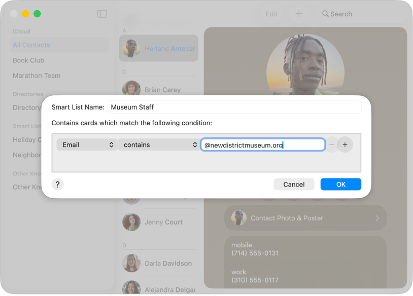 Dialogul pentru adăugarea unei liste inteligente, cu o listă numită „Personal muzeu”, care include contacte cu adrese de e‑mail care conțin domeniul de e‑mail al unui muzeu.