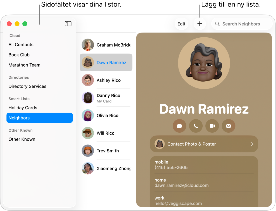 Fönstret Kontakter med sidofältet med listor, bland annat listan Bokklubb, och en knapp för att lägga till en ny lista högst upp på ett kontaktkort.