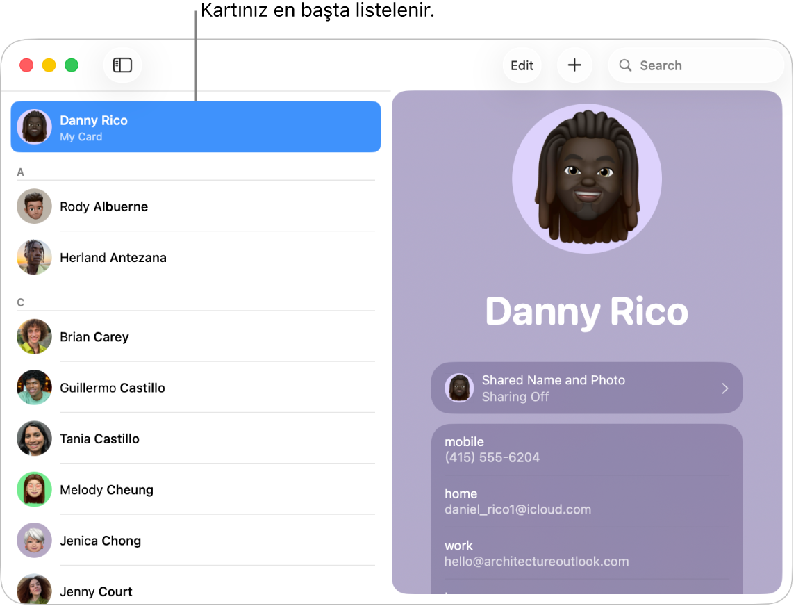 Üst kısımda Kartım’ın listelendiğini gösteren Kişiler kenar çubuğu.