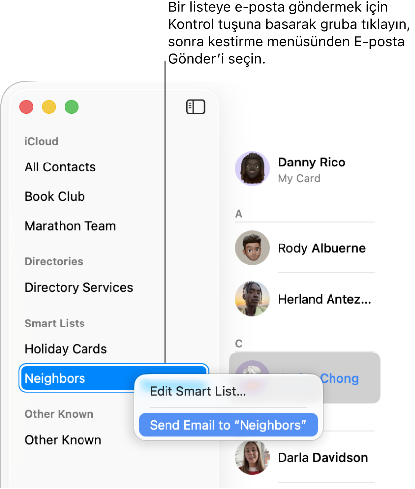 Seçili listeye e-posta gönderme komutunun olduğu bir açılır menüyü gösteren Kişiler kenar çubuğu.